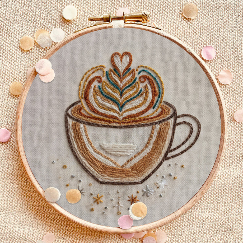 Rubbyoo Embroidery Kit - Latte Art Coffee Cup | Novice-Friendly Handcraft Project | Warm Textured Embroidery Piece - image 1