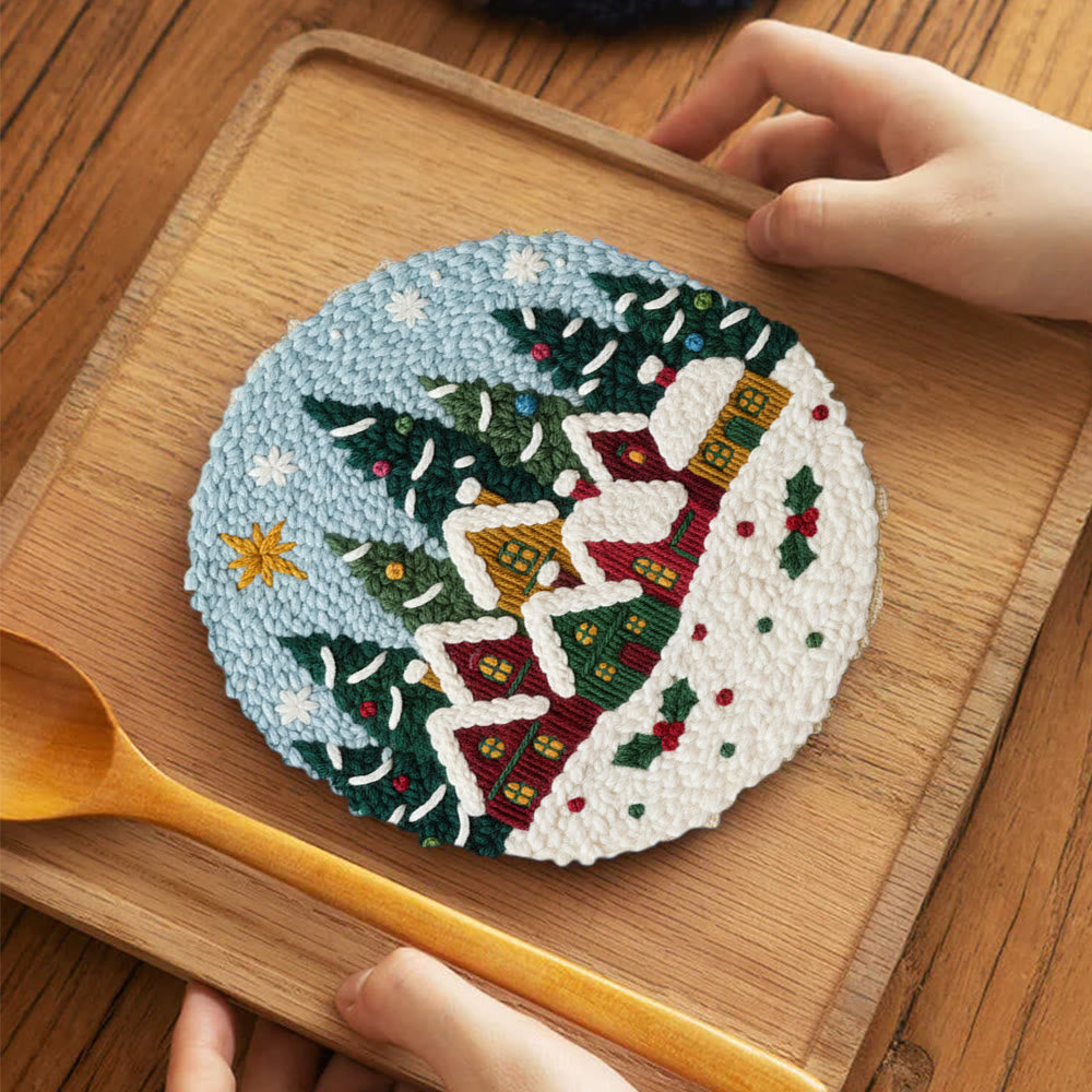 Twinkling Snowy Village Punch Needle Kit – Handmade Gift | Charming Seasonal Wall Piece - 5 inch Coaster Kit - image 3