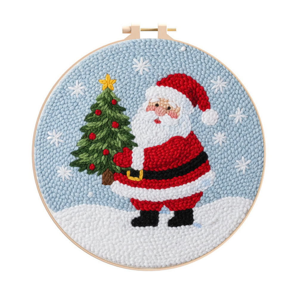 Snowy Santa With Christmas Tree Punch Needle Kit – Artisanal Gift | Cheerful Holiday Decor - 8 inch Hoop Kit - image 0