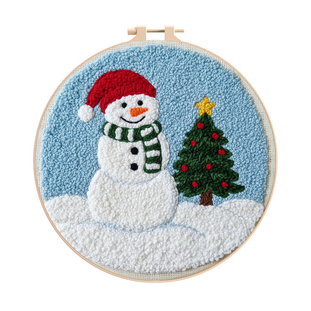 Santa-hatted Snowman Tree Punch Needle Kit – Beginner Craftwork | Festive Decor Piece - 8 inch Hoop Kit - image 0