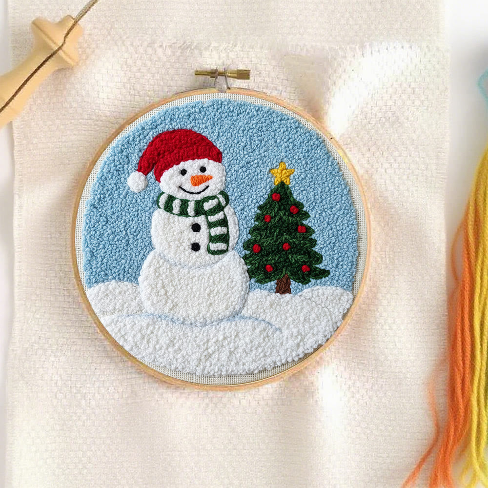Santa-hatted Snowman Tree Punch Needle Kit – Beginner Craftwork | Festive Decor Piece - image 1