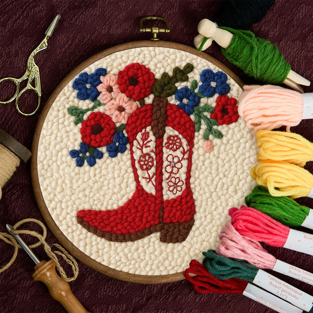 Floral Red Cowboy Boot Punch Needle Kit – Beginner Starter Handcraft | Room Decor Accent - image 10