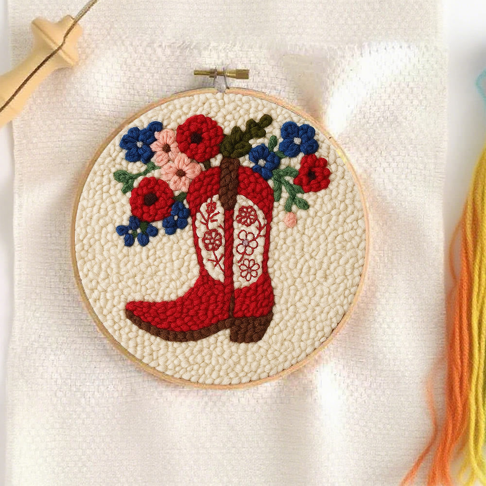 Floral Red Cowboy Boot Punch Needle Kit – Beginner Starter Handcraft | Room Decor Accent - image 1
