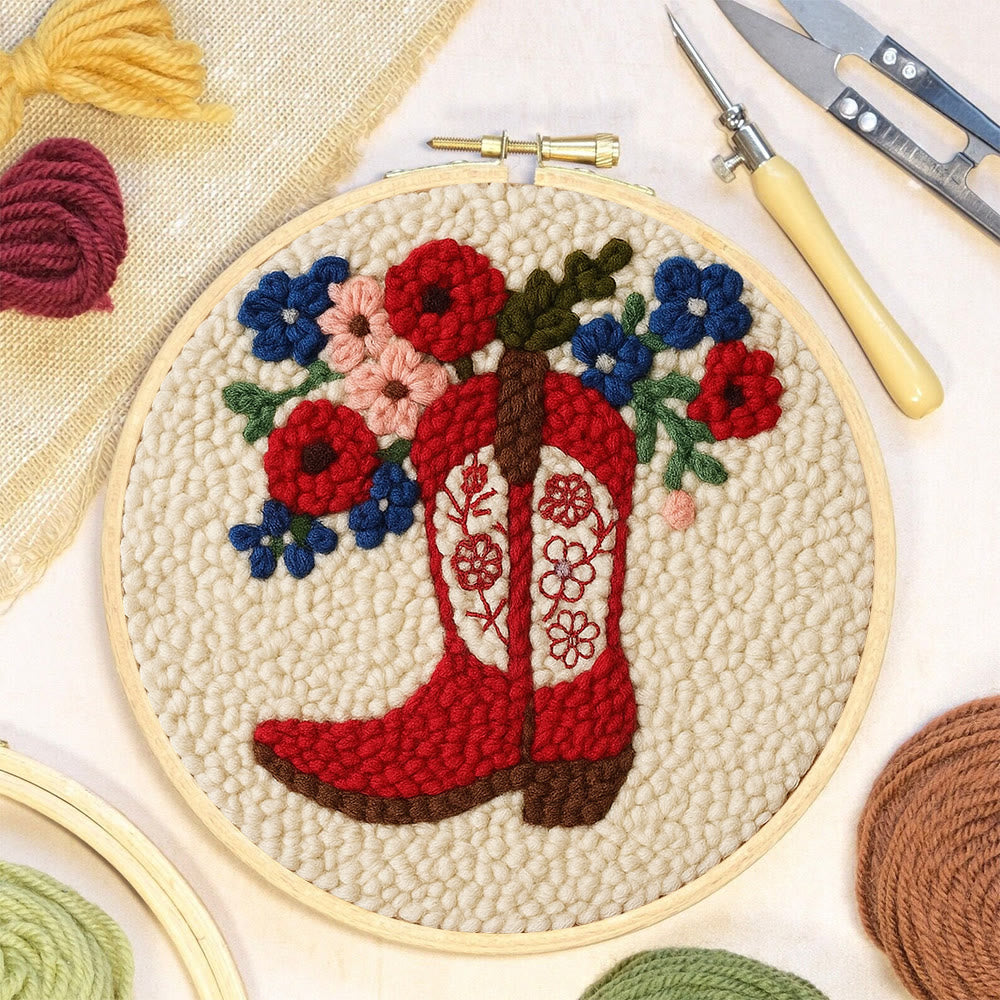 Floral Red Cowboy Boot Punch Needle Kit – Beginner Starter Handcraft | Room Decor Accent - image 5