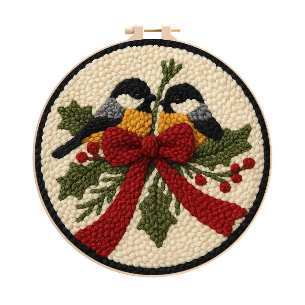 Twin Chickadees Holly Punch Needle Kit – Entry-Level Handcraft | Christmas Home Hanging Craft - 8 inch Hoop Kit - image 0