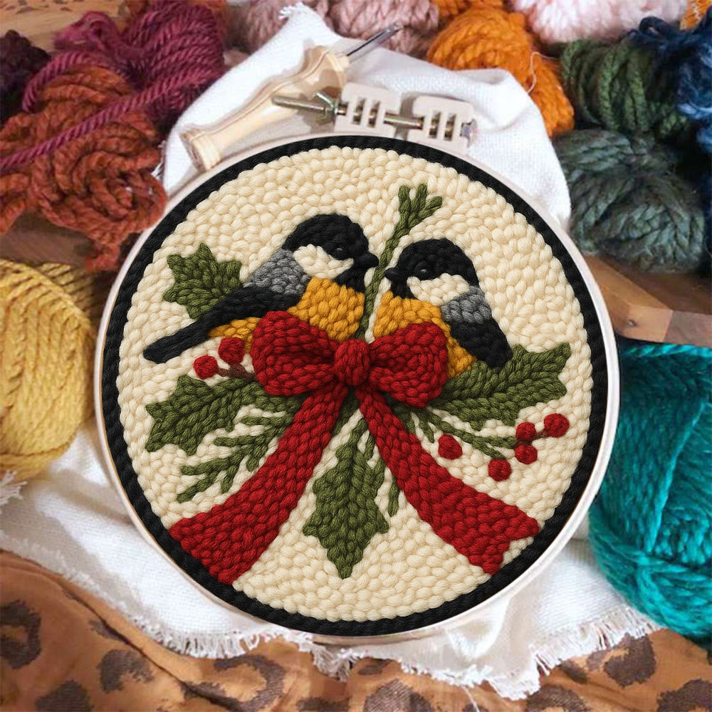 Twin Chickadees Holly Punch Needle Kit – Entry-Level Handcraft | Christmas Home Hanging Craft - image 1