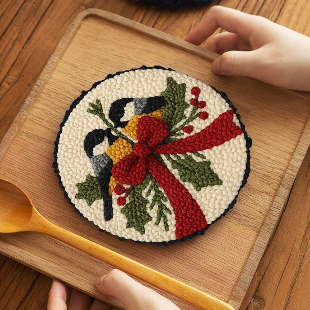 Twin Chickadees Holly Punch Needle Kit – Entry-Level Handcraft | Christmas Home Hanging Craft - 5 inch Coaster Kit - image 3