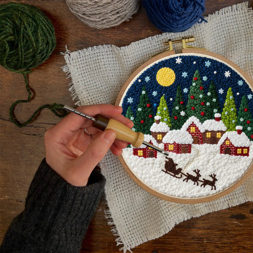 Moonlit Christmas Village Sled Punch Needle Kit – Beginner Hoop Art | Personalized Christmas Gift for Her - image 1