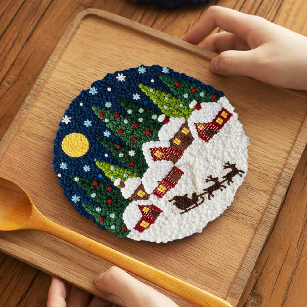 Moonlit Christmas Village Sled Punch Needle Kit – Beginner Hoop Art | Personalized Christmas Gift for Her - 5 inch Coaster Kit - image 3