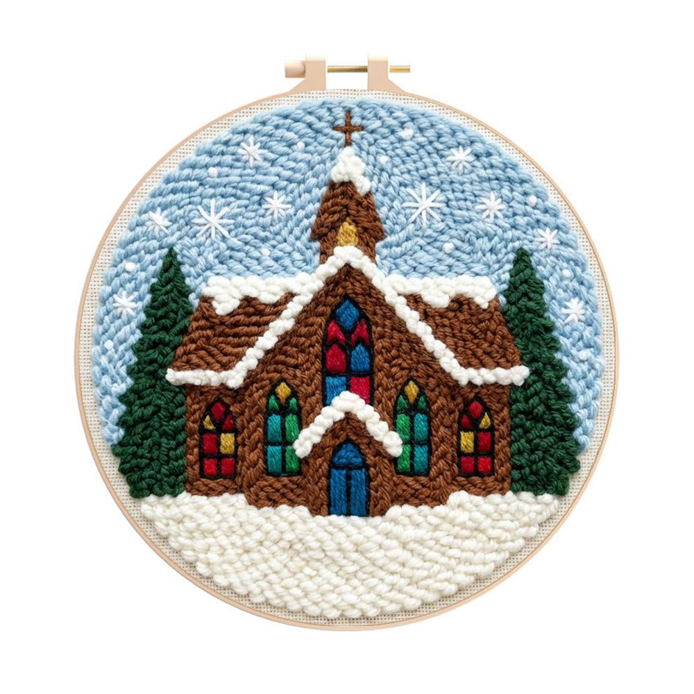 Snowy Stained-glass Church Punch Needle Kit – Novice Needlecraft Hoop | Cozy Winter Home Hanging - 8 inch Hoop Kit - image 0
