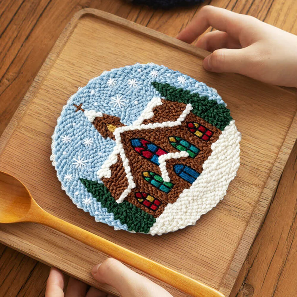 Snowy Stained-glass Church Punch Needle Kit – Novice Needlecraft Hoop | Cozy Winter Home Hanging - 5 inch Coaster Kit - image 3