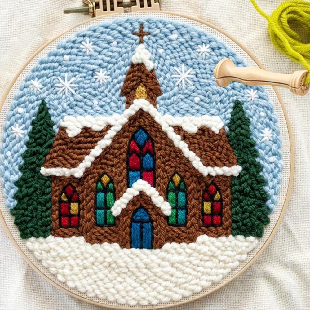 Snowy Stained-glass Church Punch Needle Kit – Novice Needlecraft Hoop | Cozy Winter Home Hanging - image 1