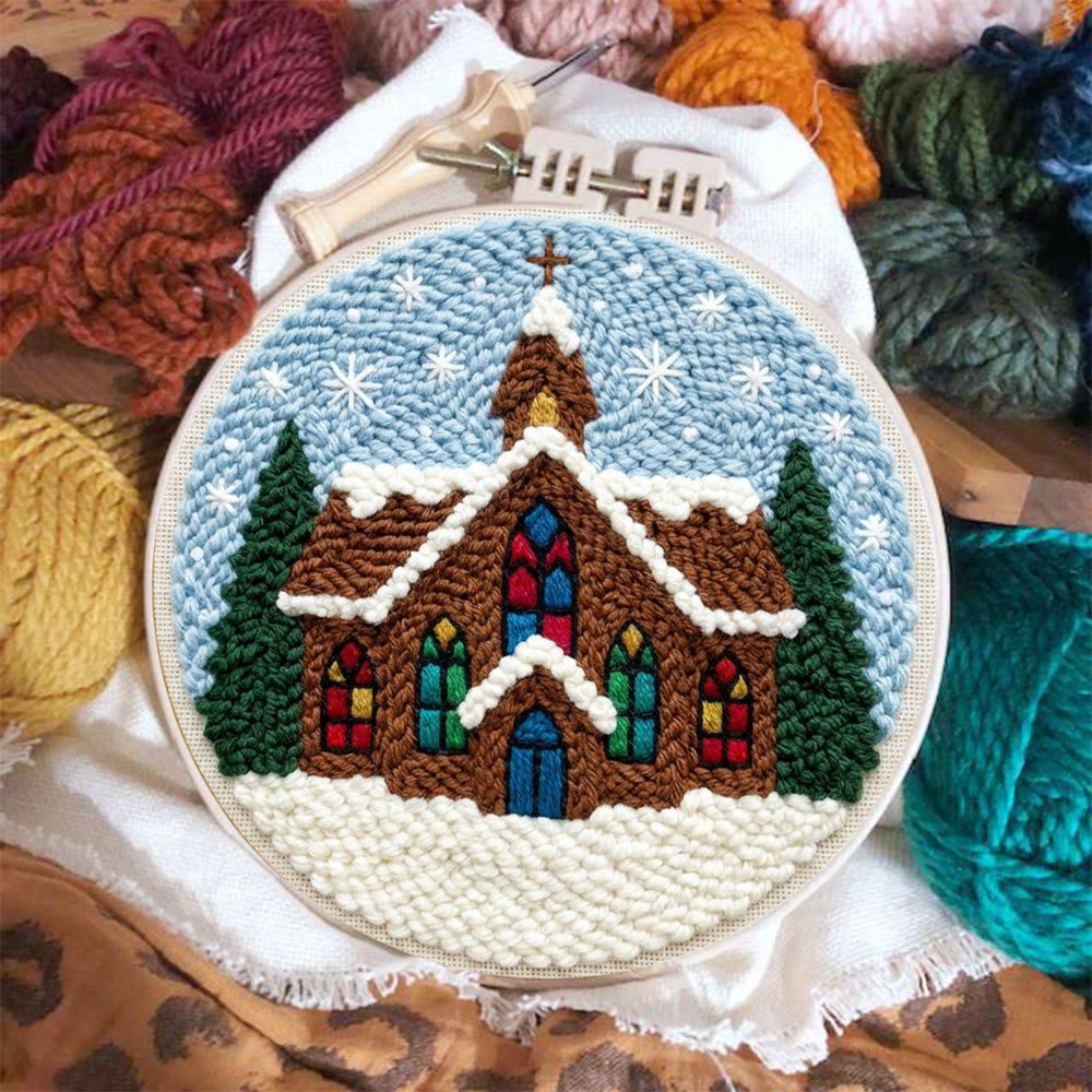 Snowy Stained-glass Church Punch Needle Kit – Novice Needlecraft Hoop | Cozy Winter Home Hanging - image 2