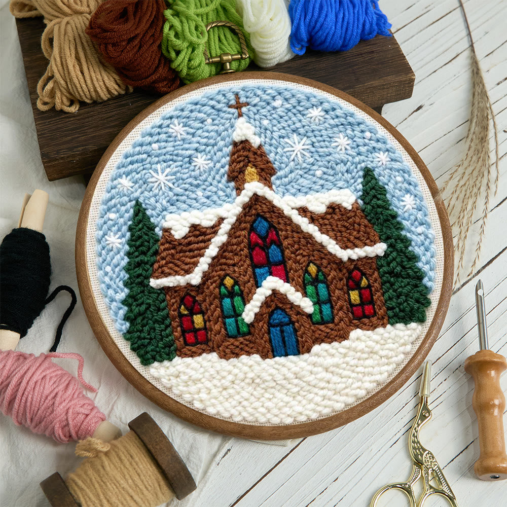 Snowy Stained-glass Church Punch Needle Kit – Novice Needlecraft Hoop | Cozy Winter Home Hanging - image 9