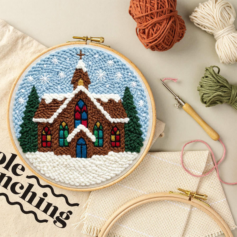 Snowy Stained-glass Church Punch Needle Kit – Novice Needlecraft Hoop | Cozy Winter Home Hanging - image 8