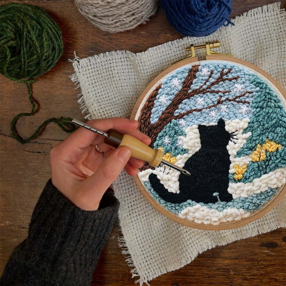 Snowy Winter Black Cat Punch Needle Kit – Starter Hoop Craft | Wintry Home Accent - image 8