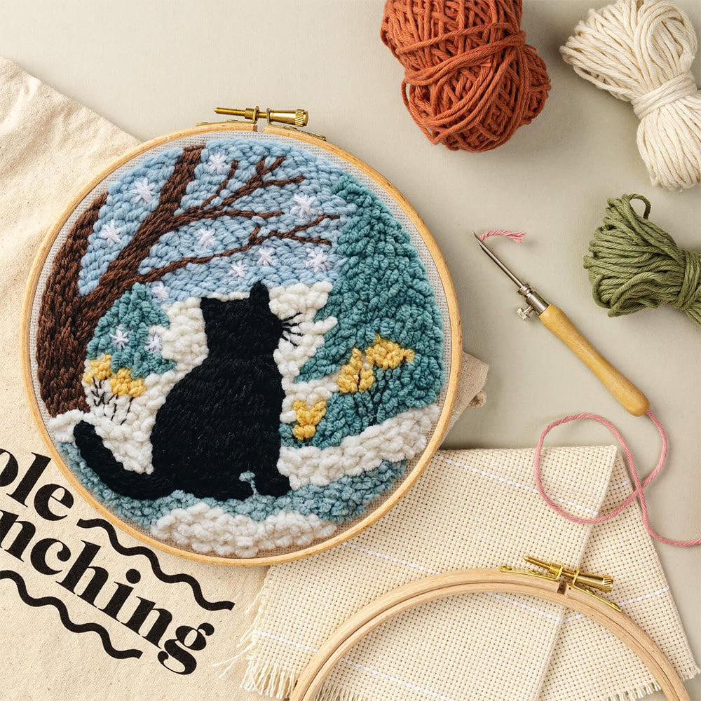 Snowy Winter Black Cat Punch Needle Kit – Starter Hoop Craft | Wintry Home Accent - image 9