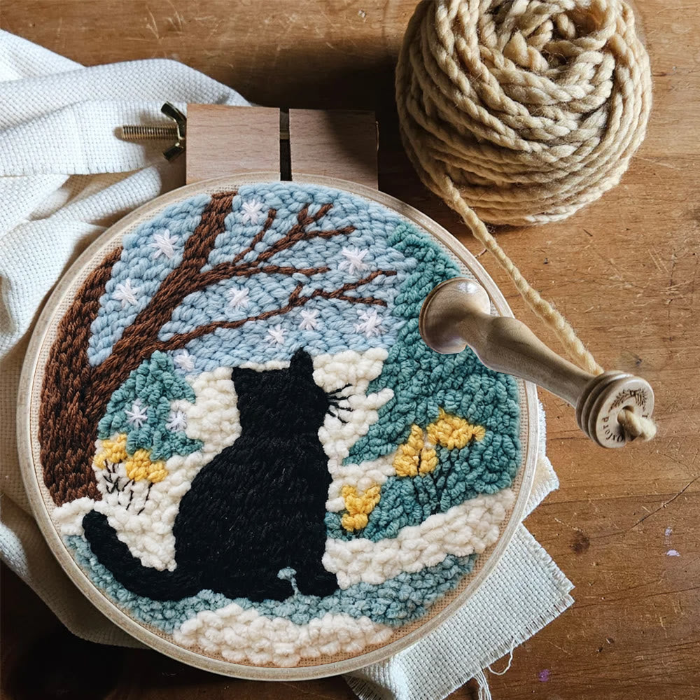 Snowy Winter Black Cat Punch Needle Kit – Starter Hoop Craft | Wintry Home Accent - image 1