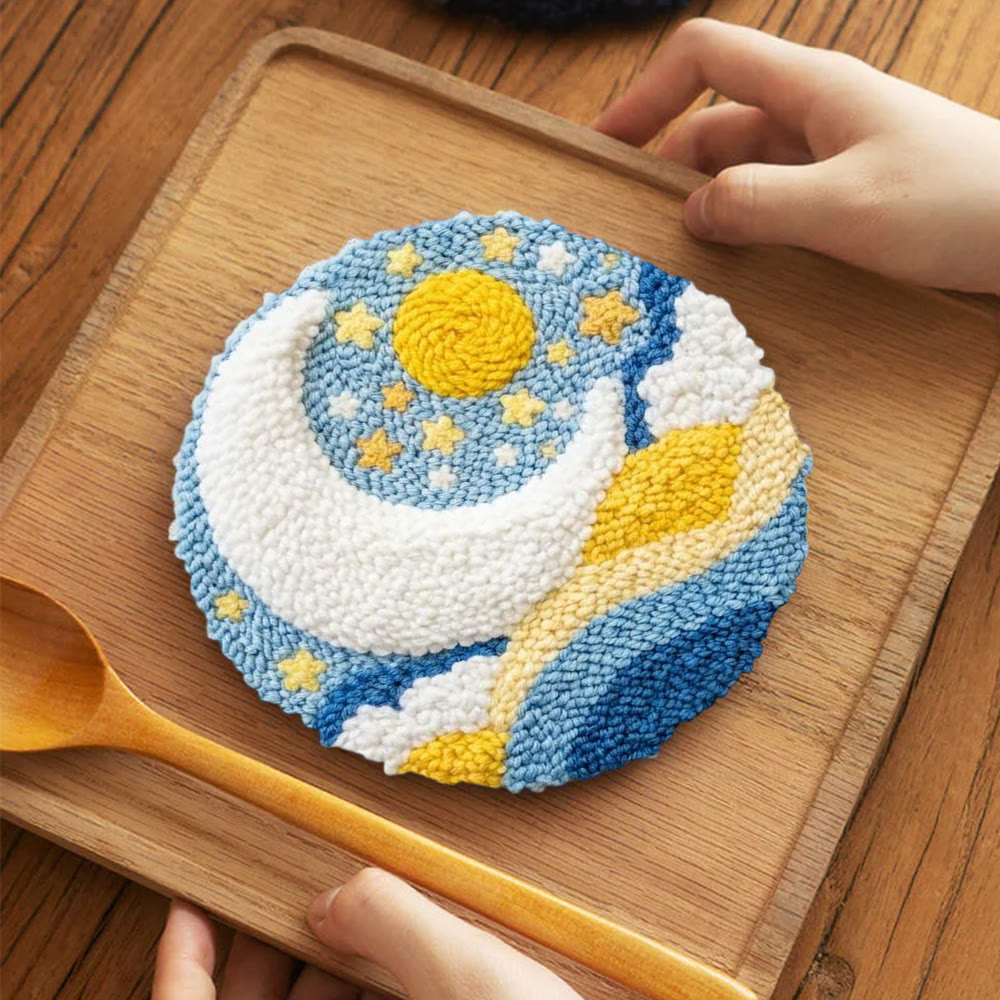 Starry Moon And Clouds Punch Needle Kit – Creative Diy Hoop Project | Unique Creative Project - 5 inch Coaster Kit - image 3