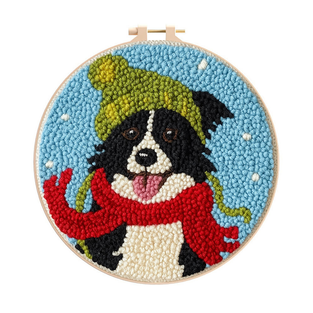 Winter Adorned Puppy Punch Needle Kit – Easy Beginner Artisanal Piece | Cute Decor Hanging - 8 inch Hoop Kit - image 0