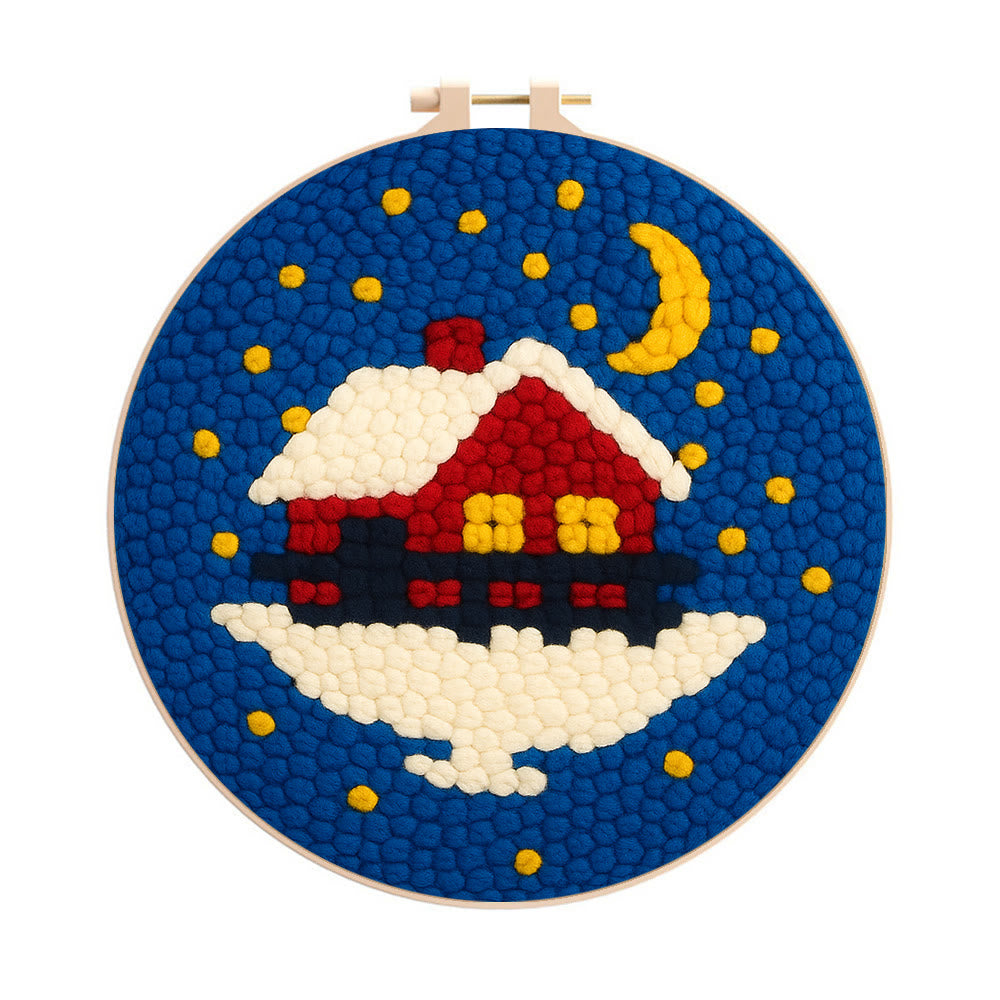 Starry Winter Snow Cottage Punch Needle – Embroidery Craft Kit | Charming Winter Gift - 8 inch Hoop Kit - image 0