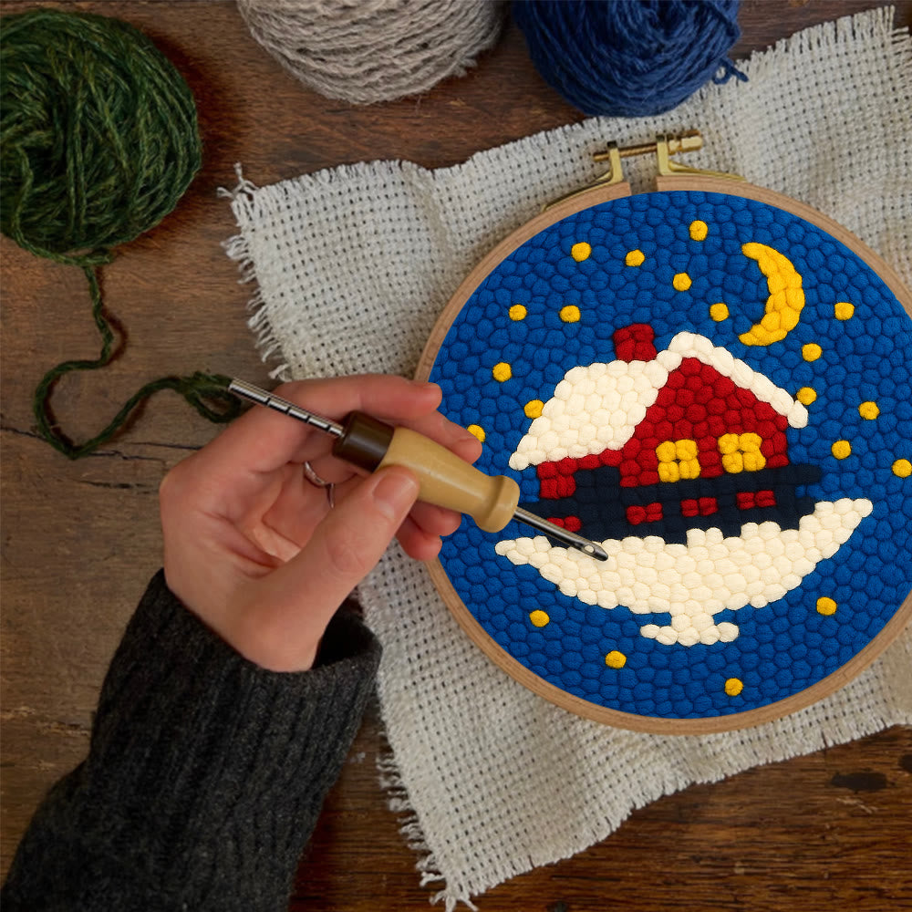 Starry Winter Snow Cottage Punch Needle – Embroidery Craft Kit | Charming Winter Gift - image 1