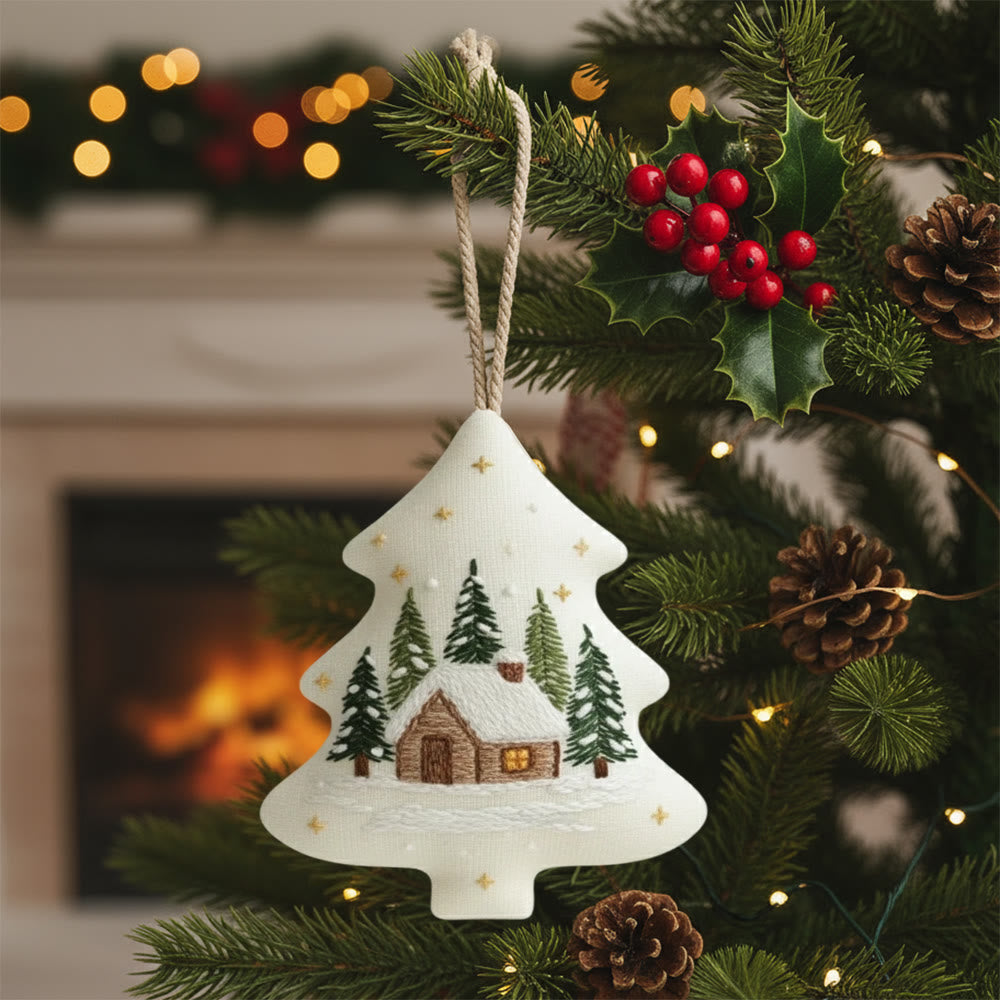 Rubbyoo Tree-shaped Embroidery Kit - Cozy Winter Cabin | DIY Craft for Beginners | Whimsical Holiday Ornament - 6 inches hoop kit - image 0