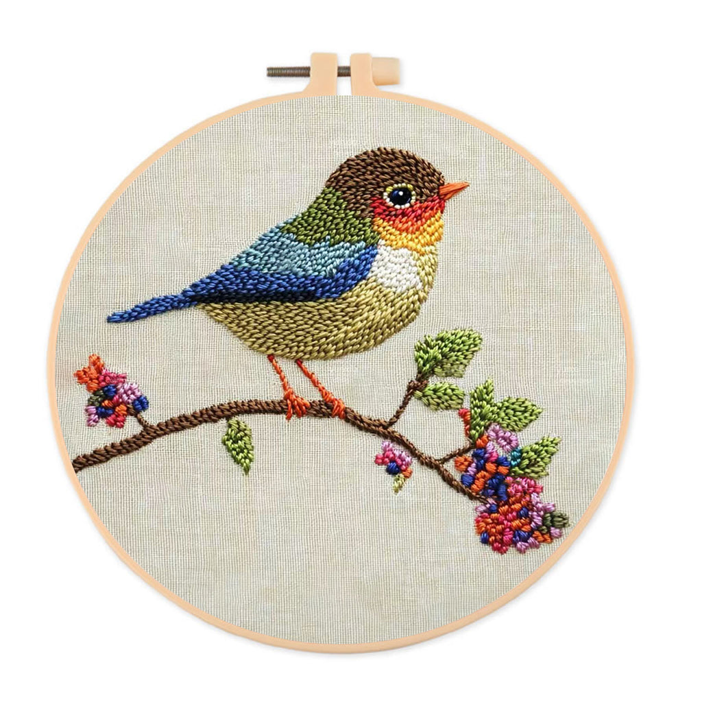 Rubbyoo Embroidery Kit - Vibrant Bird On Branch | Artistic Floral Needlework | Perfect For Embroidery Beginners - 20*20cm - image 0