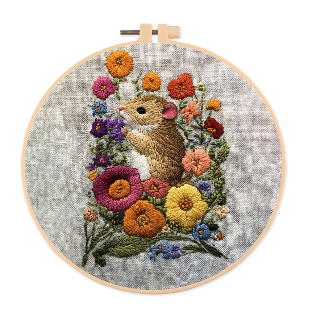 Rubbyoo Embroidery Kit - Adorable Mouse In Floral Garden | Handcrafted Nature Art | Perfect For Embroidery Starters - 20*20cm - image 0
