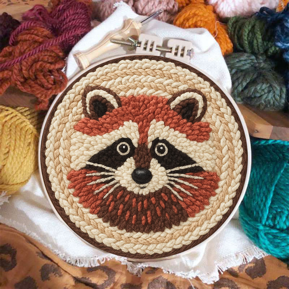 Cheerful Raccoon Face Punch Needle Kit – Whimsical Handcraft Project | Delightful Tabletop Trinket - image 1