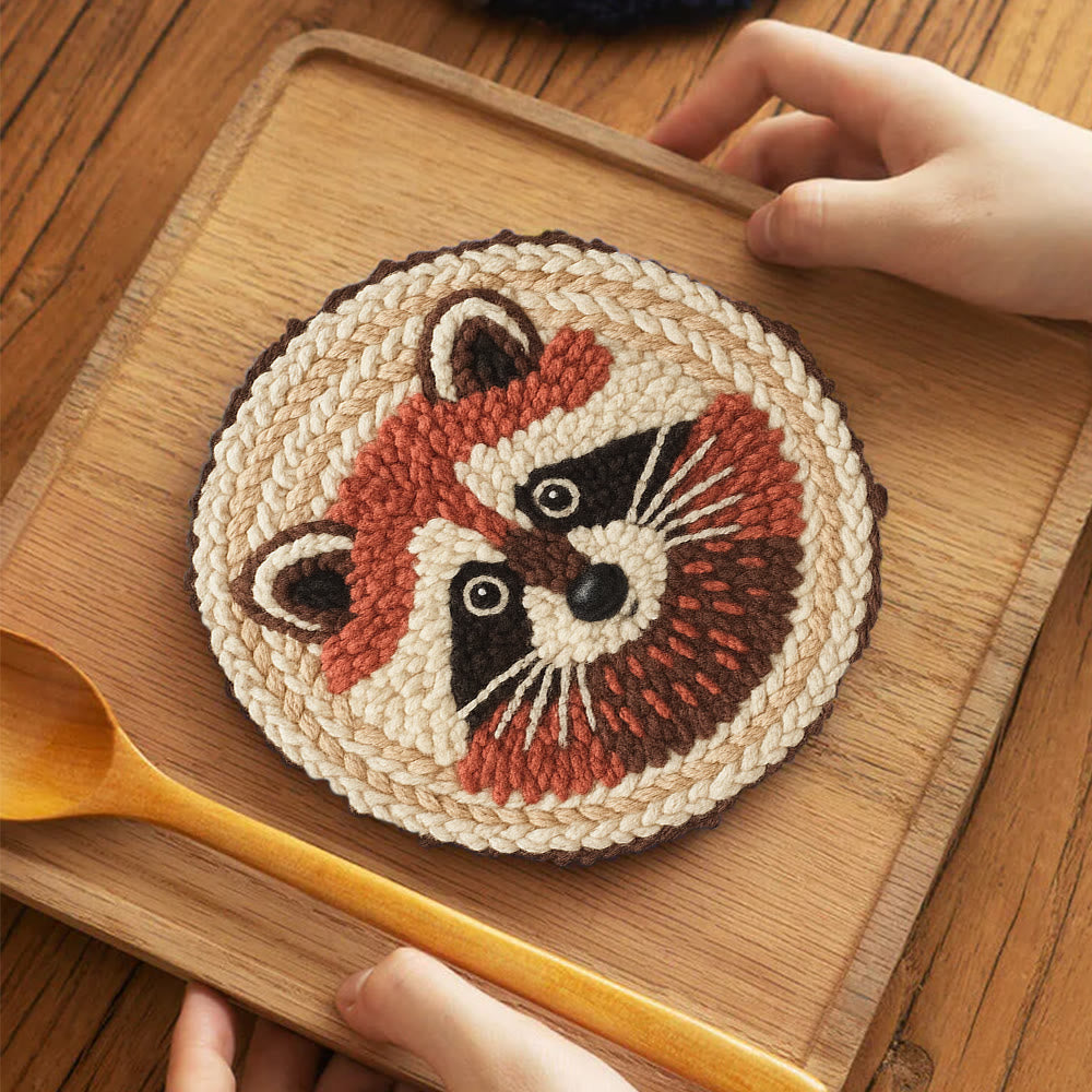 Cheerful Raccoon Face Punch Needle Kit – Whimsical Handcraft Project | Delightful Tabletop Trinket - 5 inch Coaster Kit - image 3