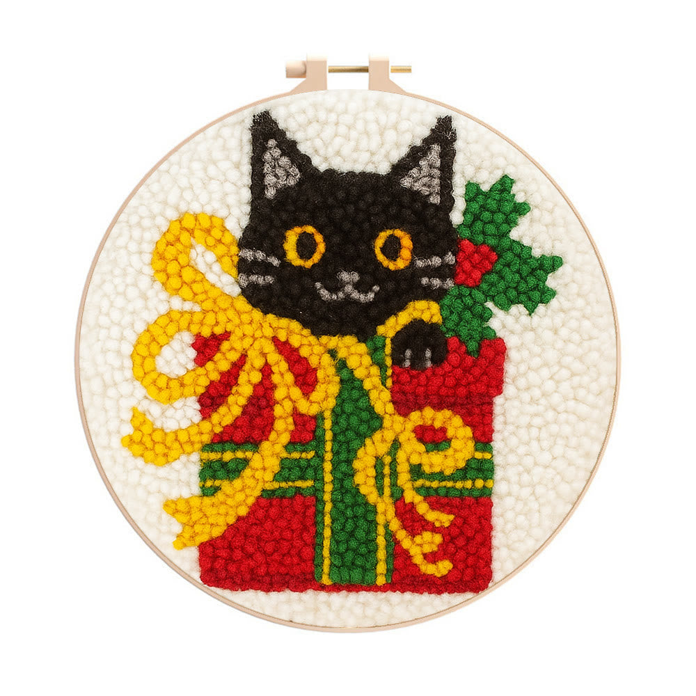 Christmas Black Cat Gift Punch Needle Kit – Festive DIY Handiwork | Sweet Holiday Ornament - 8 inch Hoop Kit - image 0