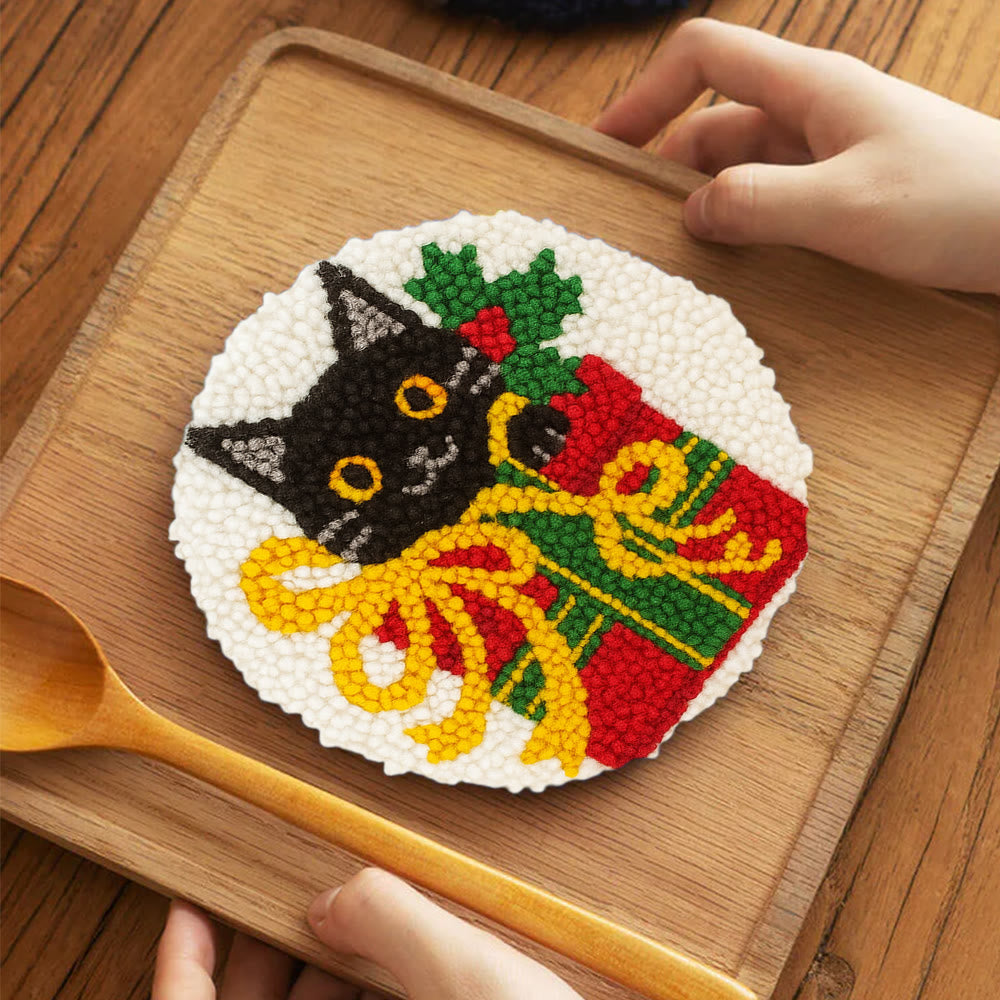 Christmas Black Cat Gift Punch Needle Kit – Festive DIY Handiwork | Sweet Holiday Ornament - 5 inch Coaster Kit - image 3